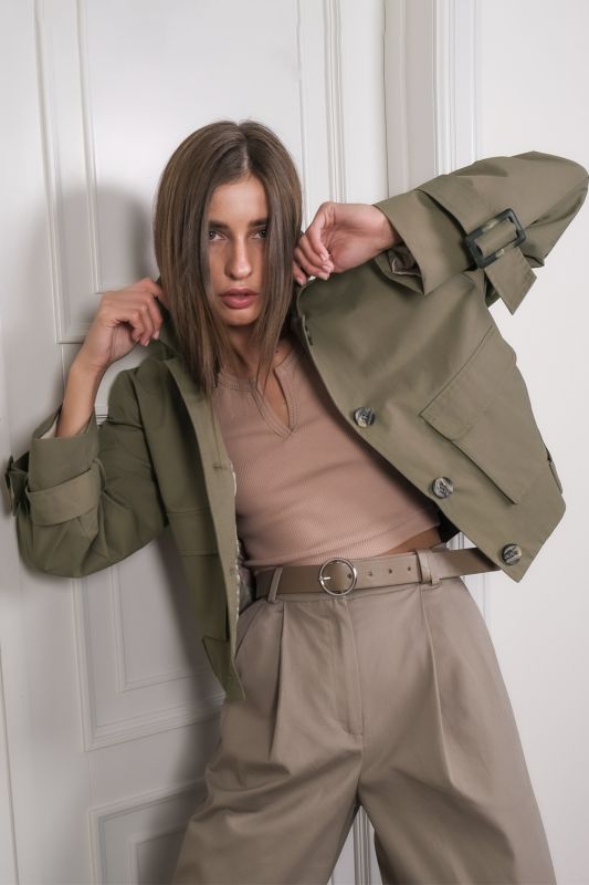 Khaki cotton over-size windbreaker with pockets