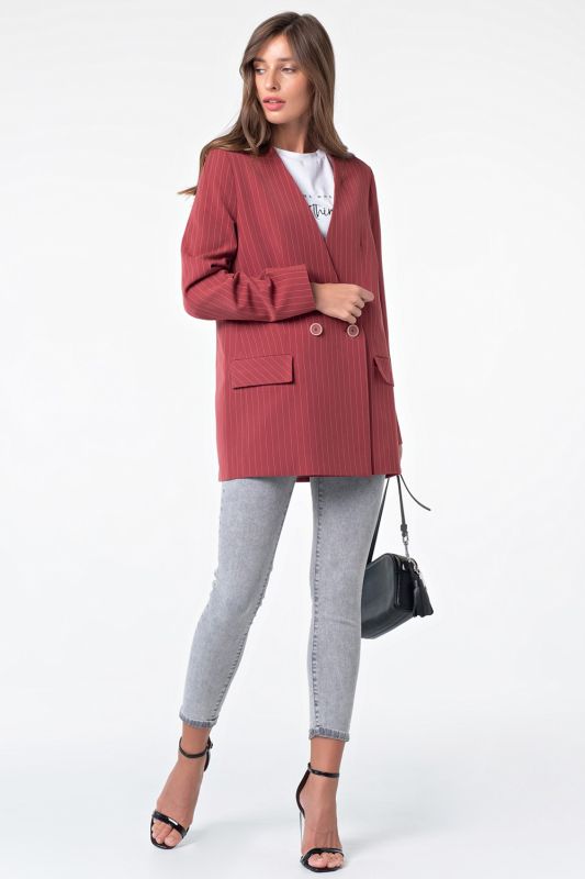 Double-breasted jacket without collar in striped dark red