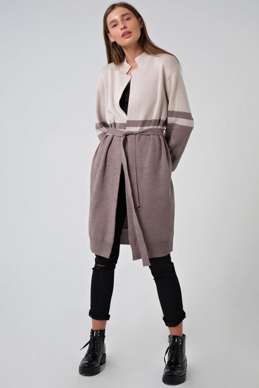 Long knitted cardigan with belt beige