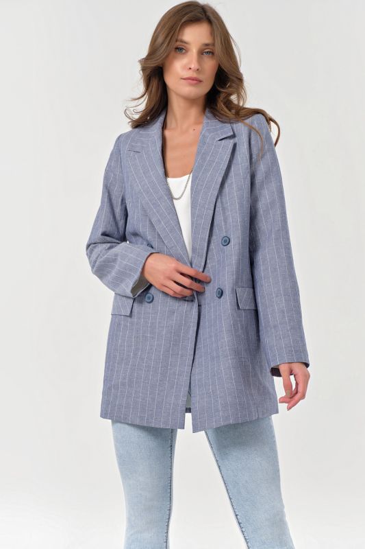 Summer double-breasted jacket made of cotton striped gray-blue