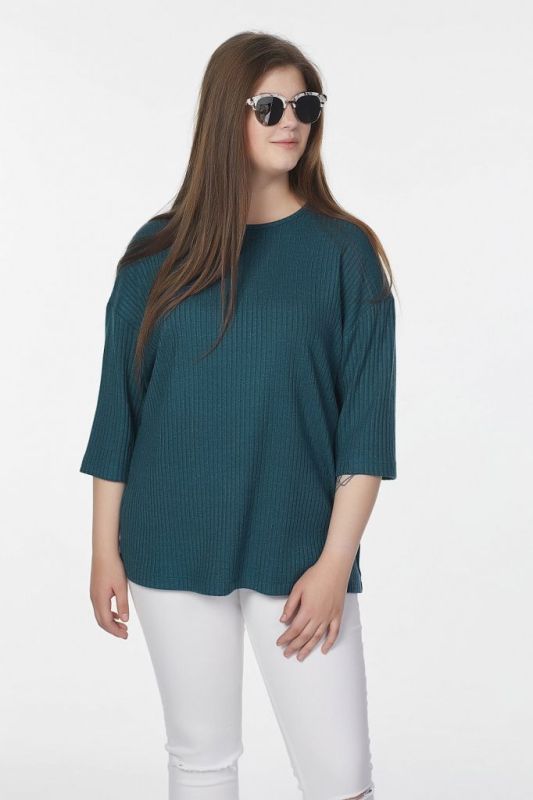 Large size loose knit blouse in dark turquoise