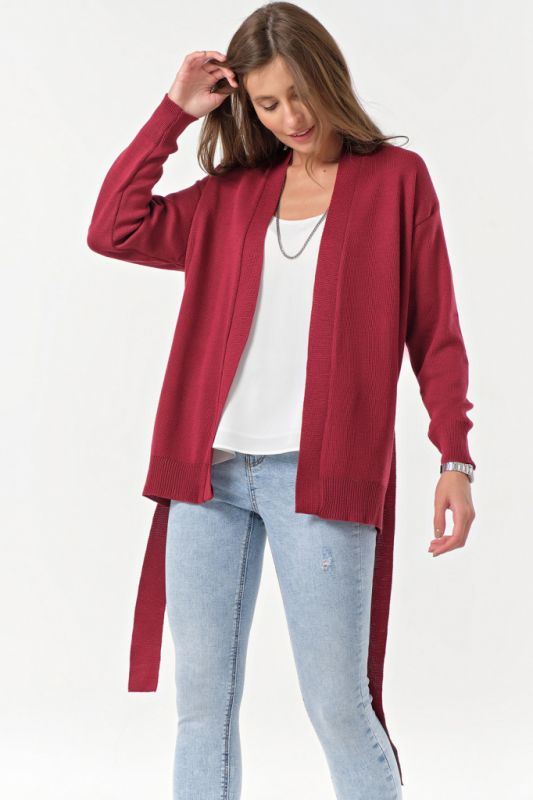 Short knitted cardigan with belt Cherry