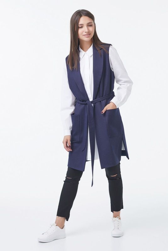 Long straight vest with pockets dark blue