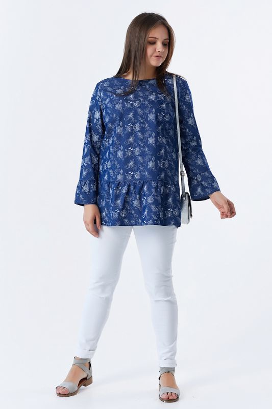 Cotton loose blouse in large size with print on blue