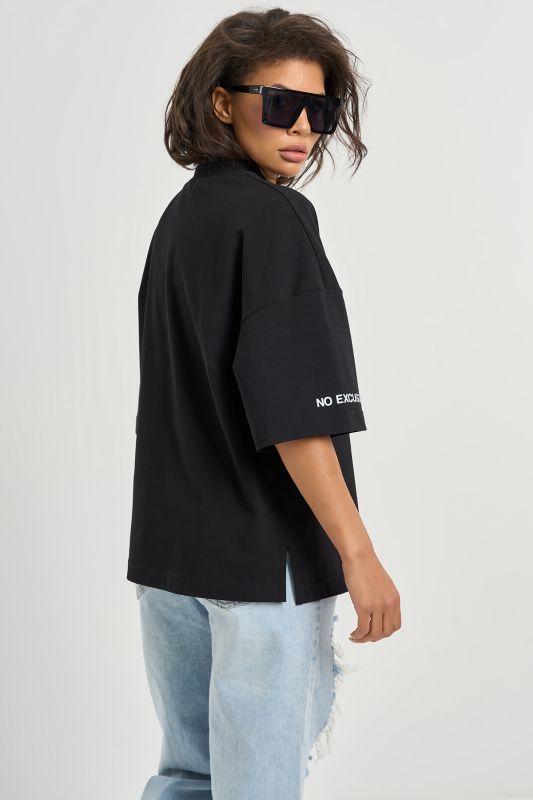 Black cotton over-size T-shirt with lettering