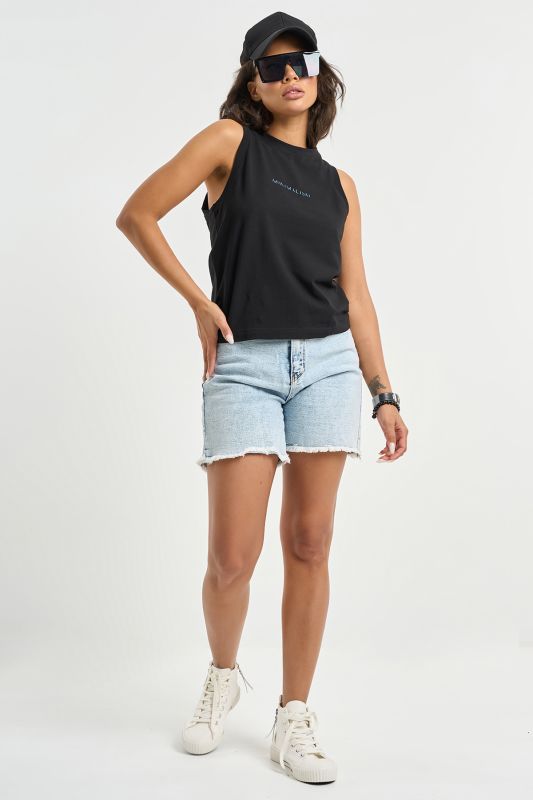 Sleeveless cotton knit top with print black