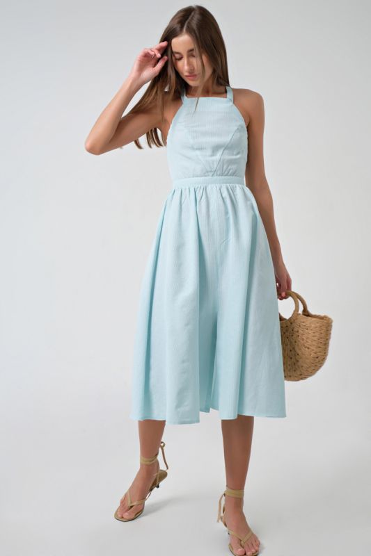 Striped cotton summer midi dress on turquoise