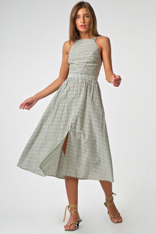Open back cotton striped sarafan in green