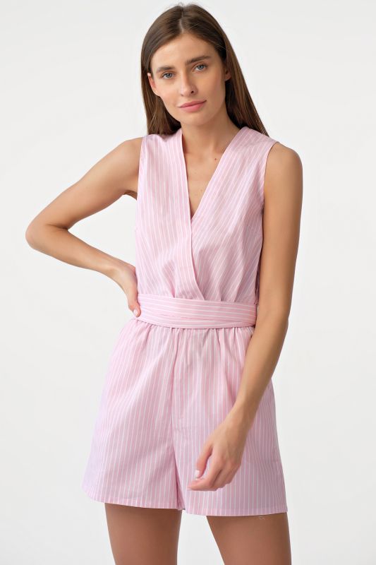 Summer cotton overalls with striped shorts on pink