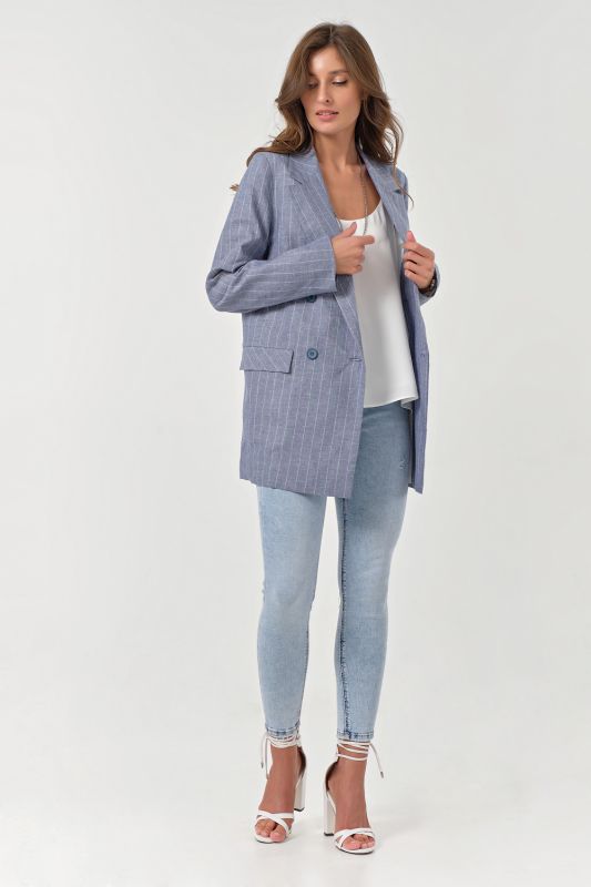 Summer double-breasted jacket made of cotton striped gray-blue