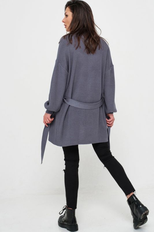 Straight knitted cardigan with belt gray-purple