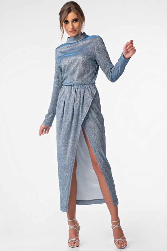 Silver-blue shiny knitted dress with sprayed fabric