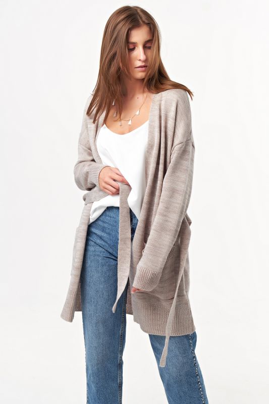 Long knitted cardigan with belt gray-beige melange