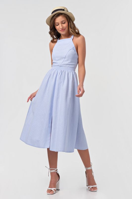 Striped cotton summer midi dress in blue