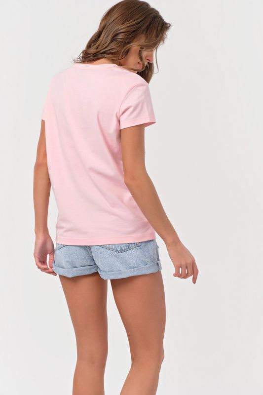 Straight knit T-shirt with print in pink