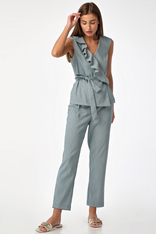 Summer trouser suit with striped blouse on gray-green