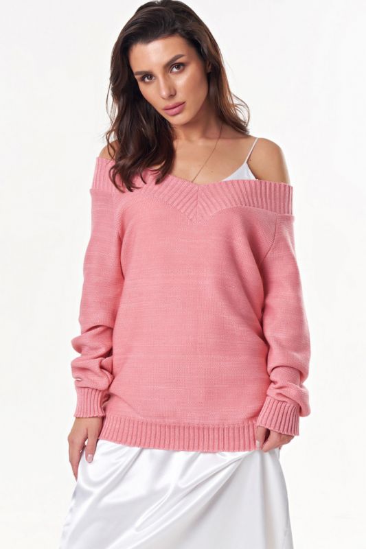 Knitted sweater with v-neck pink melange