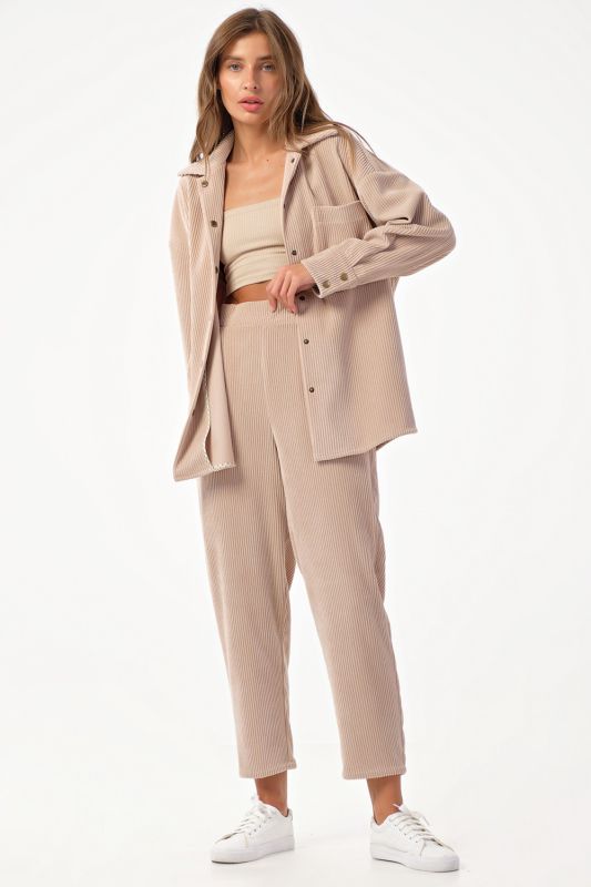 Corduroy pant suit with beige shirt