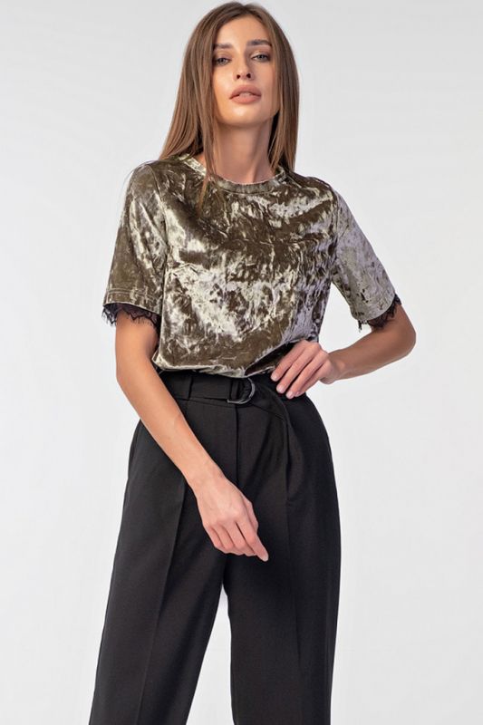 Short Sleeve Velvet Straight Blouse in gray-green