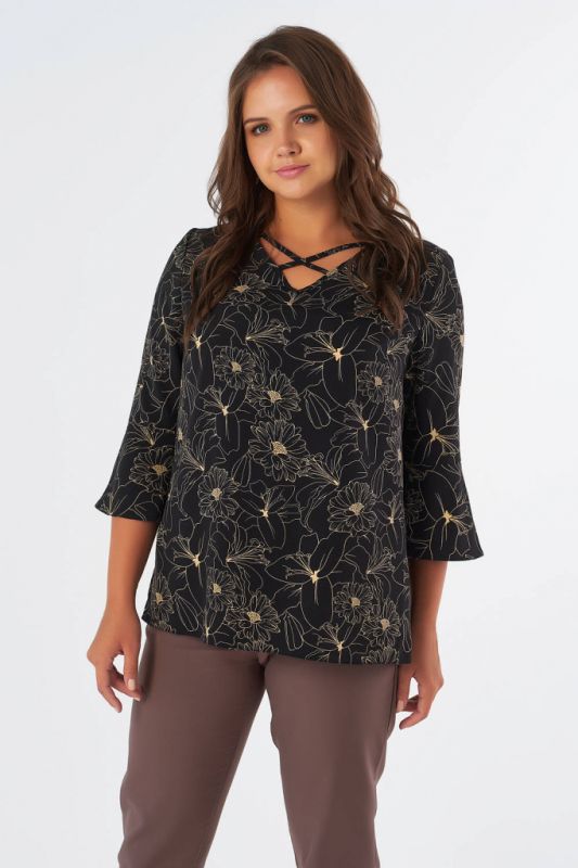 Large size straight office blouse with floral print on black