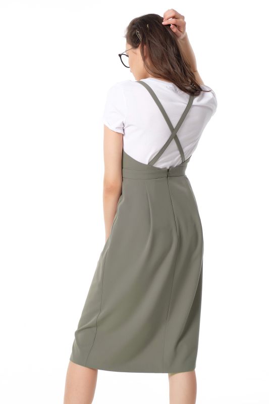 Office midi sundress under khaki blouse