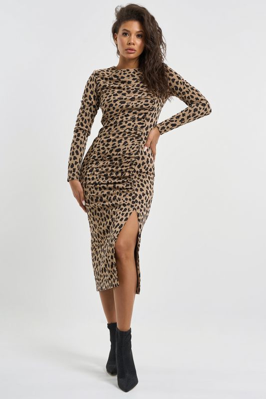 Leopard on beige tight midi dress with leg slit