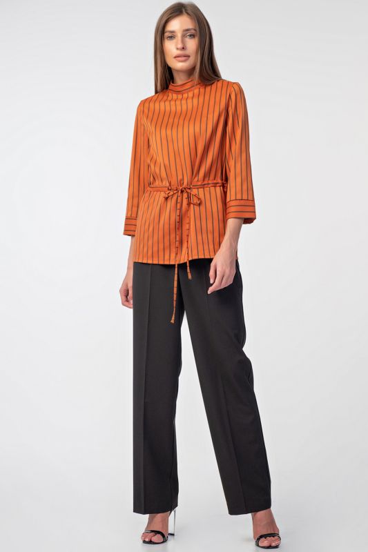 Straight blouse with stand collar with striped collar on orange