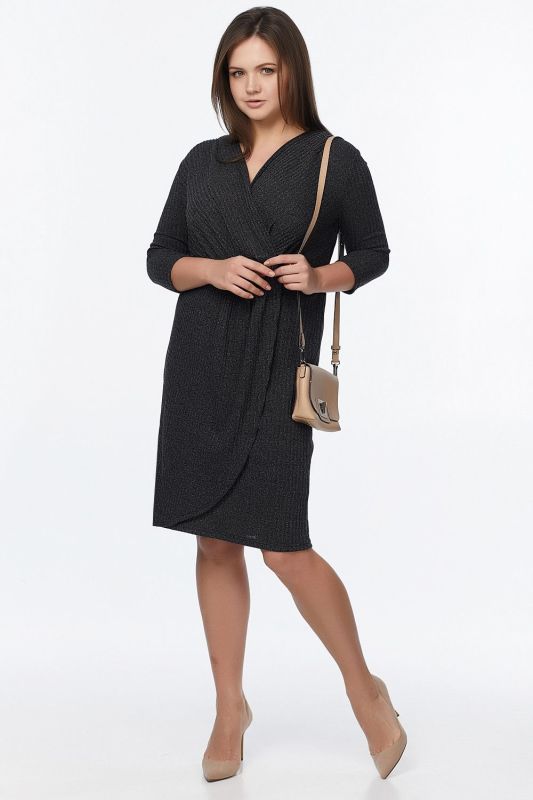 Large size black knitted fit-and-flare dress with flap