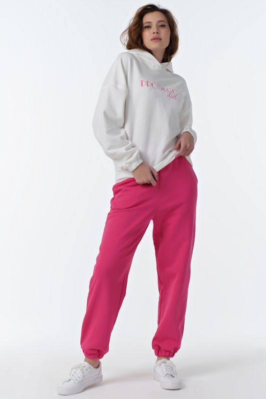 Sporty knitted pants suit with cotton hoodie white-pink