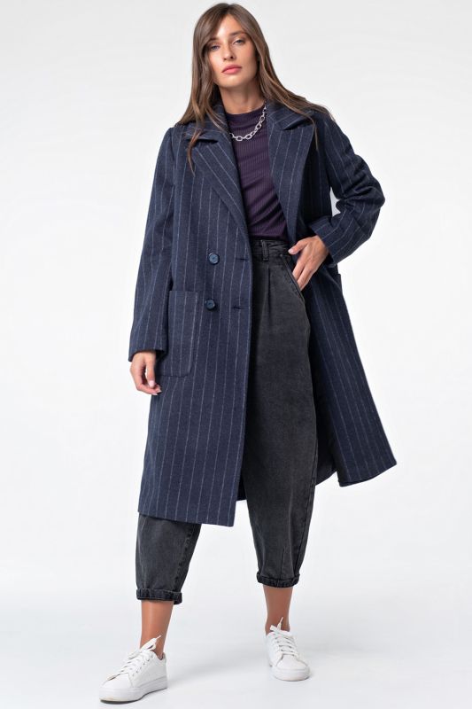 Blue striped wool double-breasted straight coat