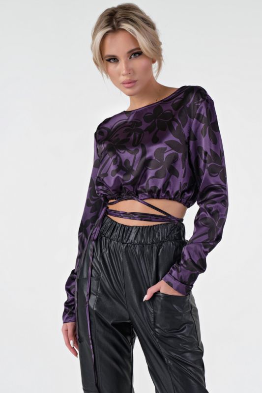 Short blouse with waist ties with print on purple