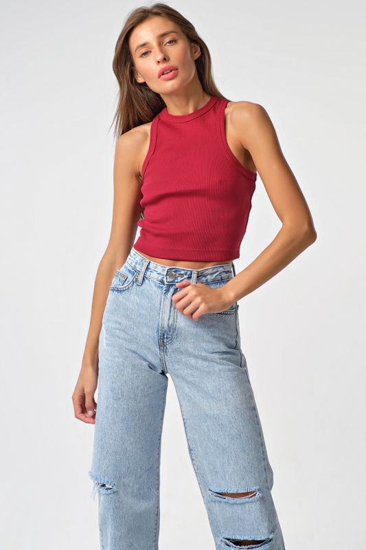 Cotton American cotton cropped knit top in burgundy