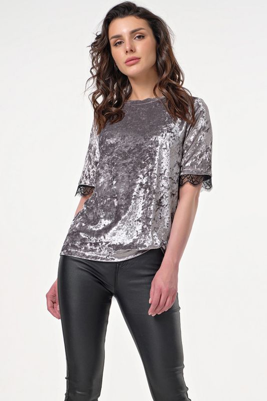 Short Sleeve Velvet Straight Blouse in gray