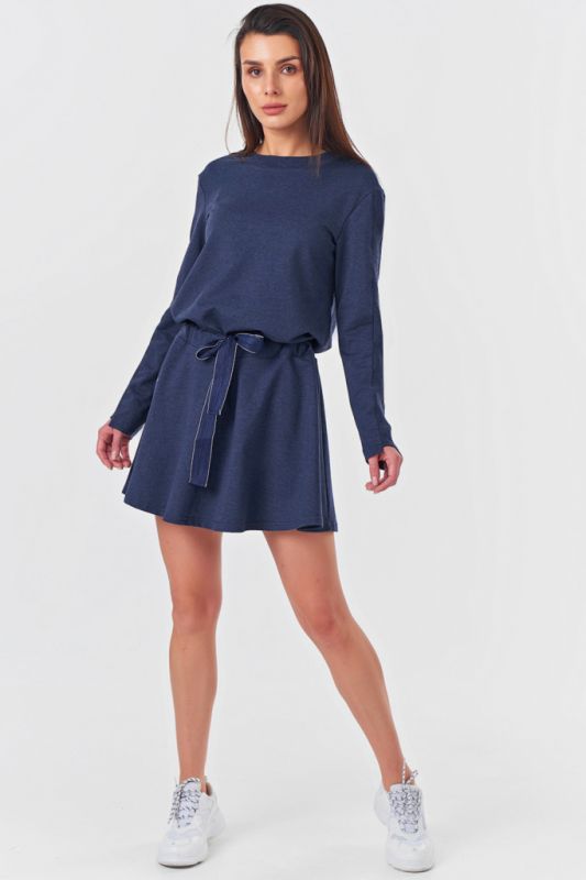 Short casual dress with a waist cuff in blue