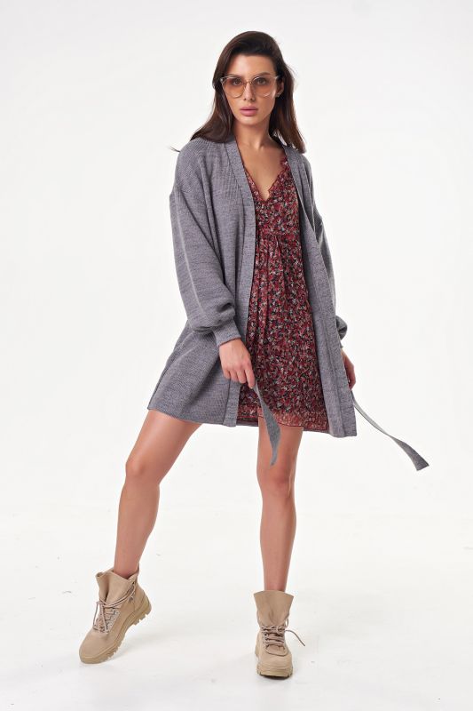 Knitted straight cardigan with belt gray melange