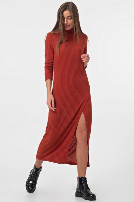 Terracotta flared midi dress with slit on the leg