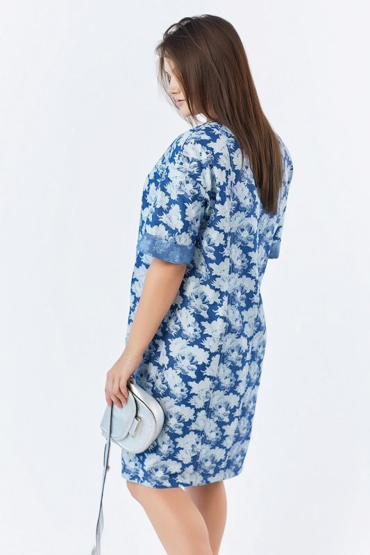 Summer cotton denim dress in large size with floral print