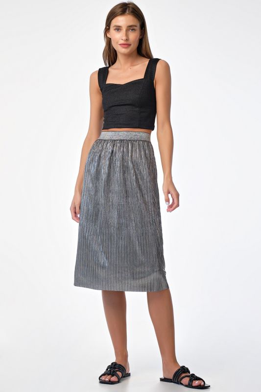 Silver-black shiny knitted midi skirt with elastic band