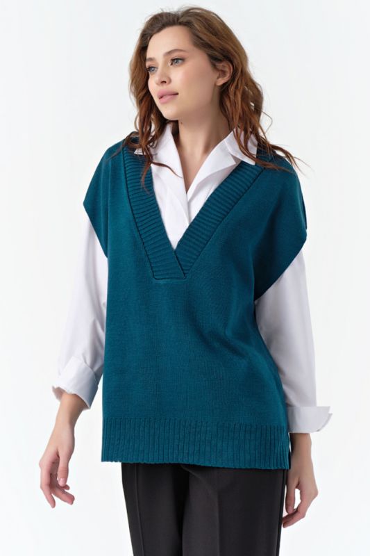 Blue-green crocheted over-size vest with side slits