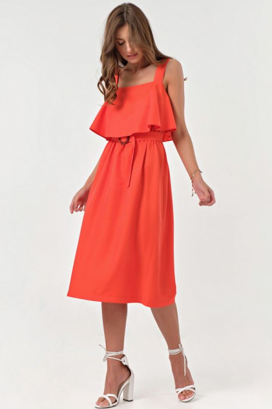 Summer midi dress with flounce on chest scarlet