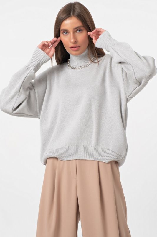 High-necked knitted oversize sweater light gray melange