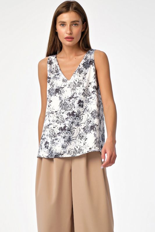 Basic satin top with floral print on white