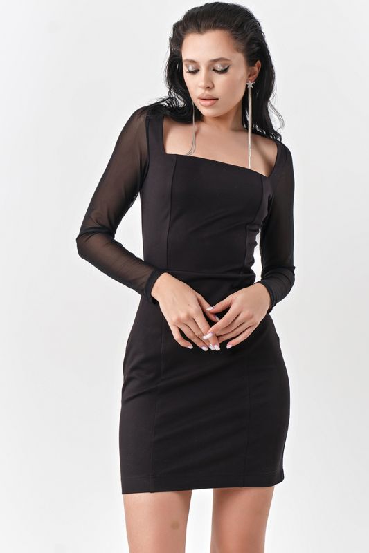 Black mini dress of dense jersey with karez neckline