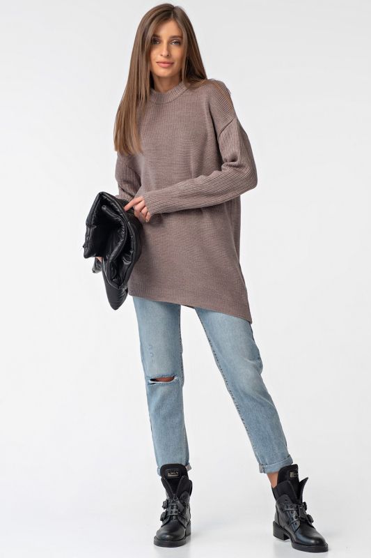 Long Asymmetrical Knitted Asymmetrical Walnut Jumper