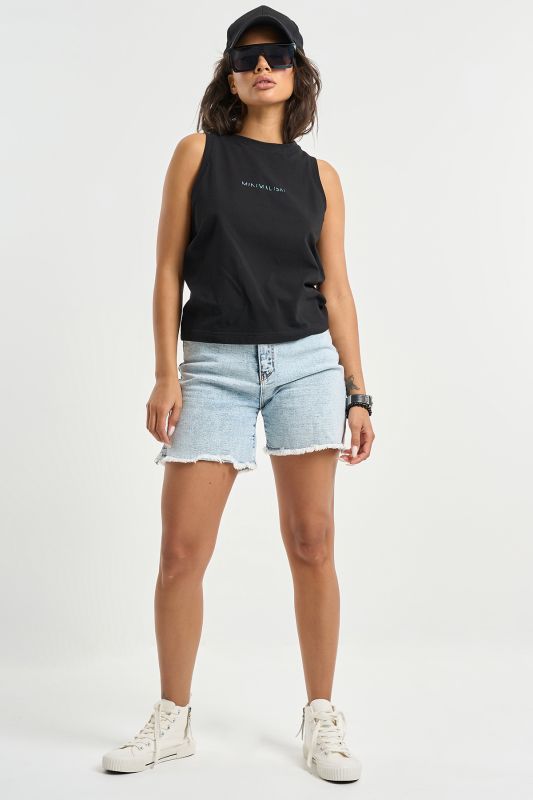 Sleeveless cotton knit top with print black