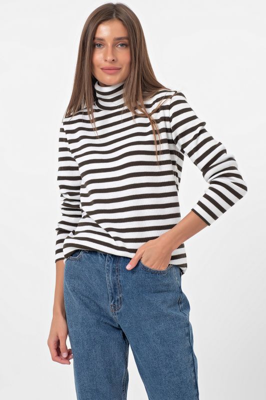 Milky khaki striped high neck knitted sweater