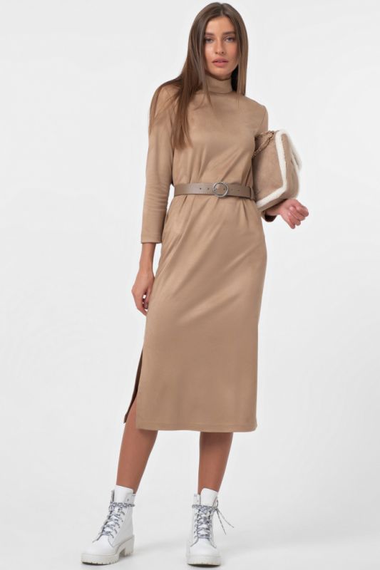 Sand suede midi dress with slits on the sides