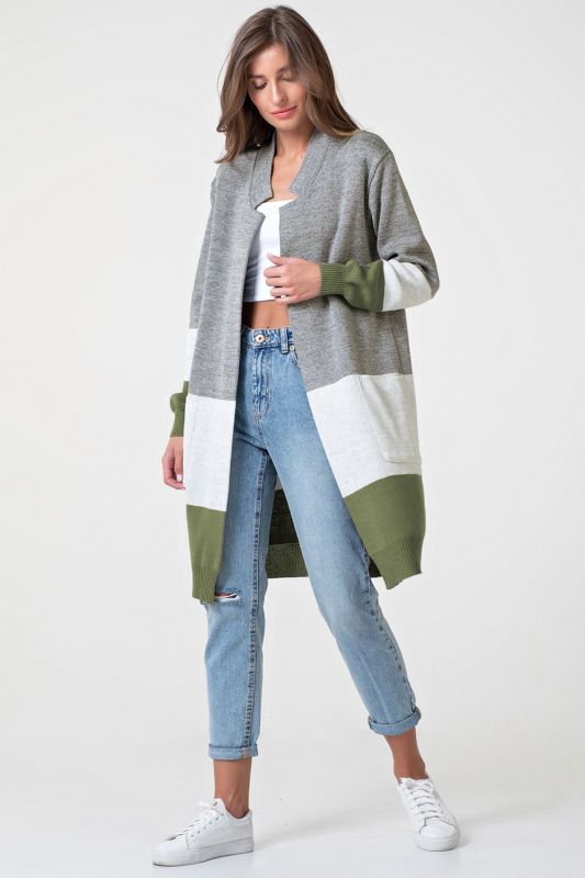 Long striped knitted cardigan in gray-green