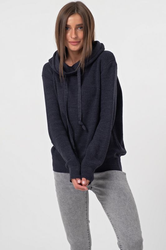 Dark denim cotton hooded knitted over-size sweater