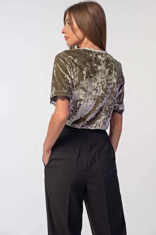 Short Sleeve Velvet Straight Blouse in gray-green